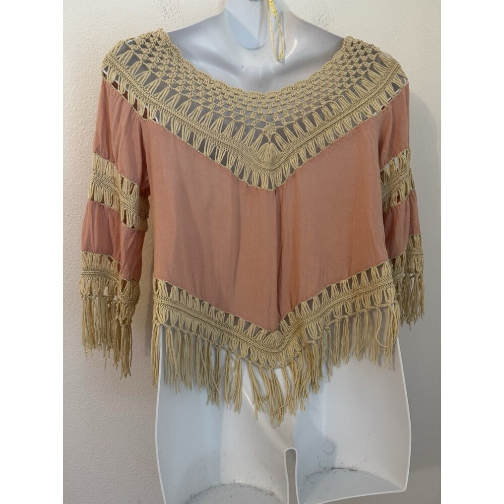 Umgee Womens BOHO Top M Pink Crochet Fringe Festival Hippie Blouse - Picture 3 of 6